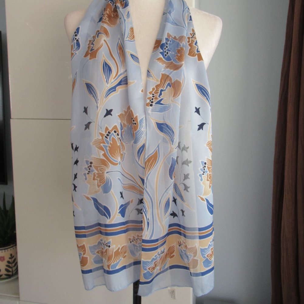 Rectangular Floral Pattern Scarf 11" x 62" Made in Italy, Blue, Tan, White